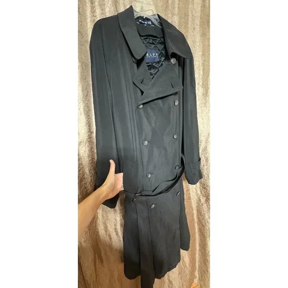 Vtg Ralph Lauren Trench Coat 44 Wool Bld Black Double-Breasted Belt Lined Men's - Picture 3 of 12